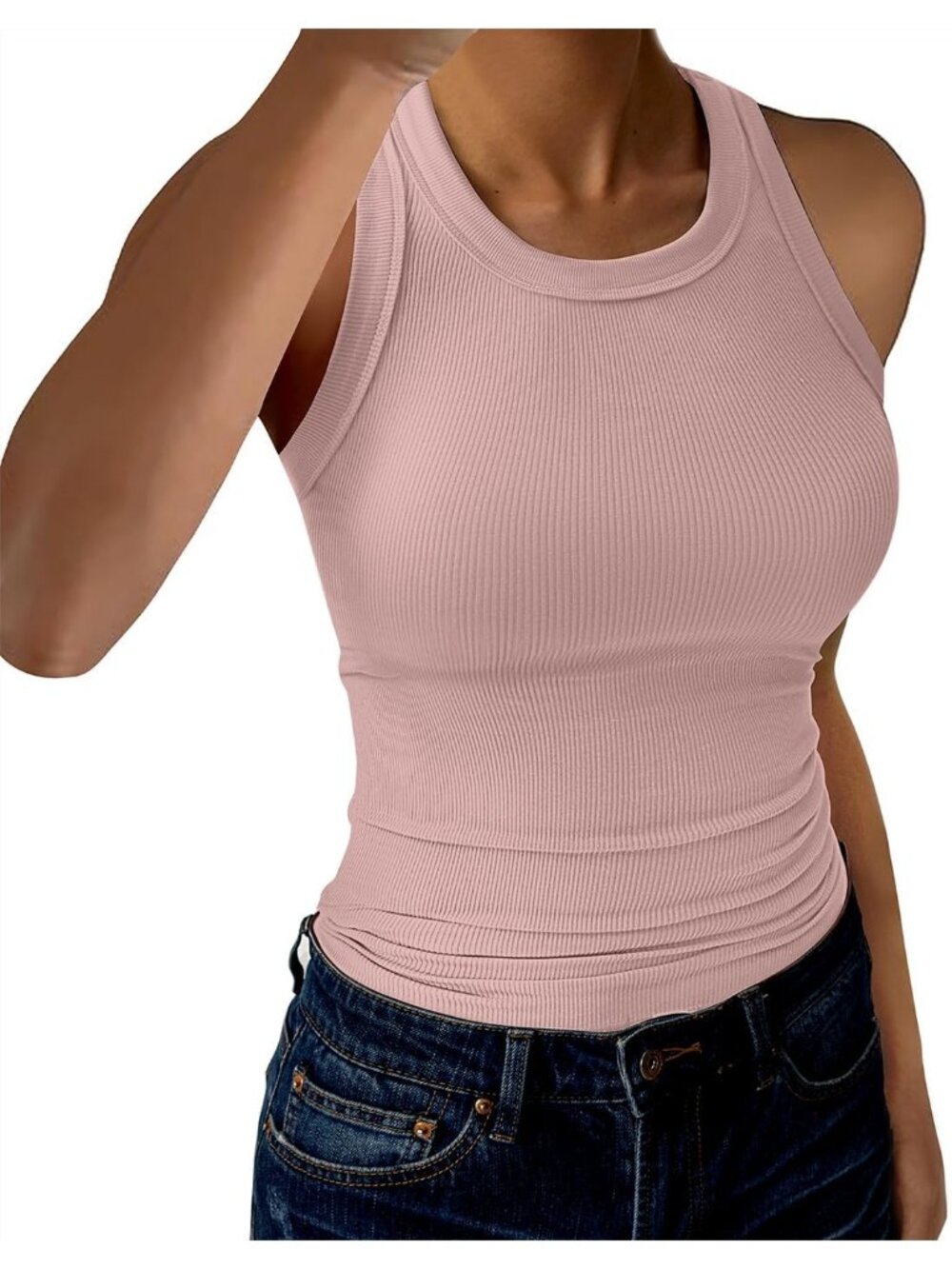 Women's Solid Pink Tank Tops High Neck Sleeveless Strap Slim Fitted Shirts